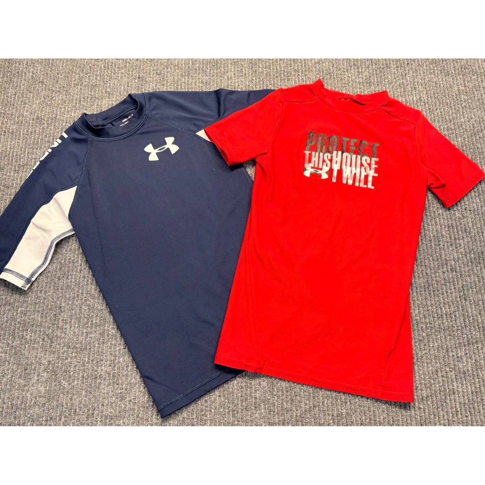 Under Armour Youth Medium HeatGear Compression Shirts Red Navy Blue Lot of 2